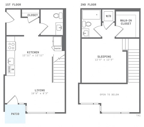 Floor plan for 1 bed, 1.5 baths, 815 sqft